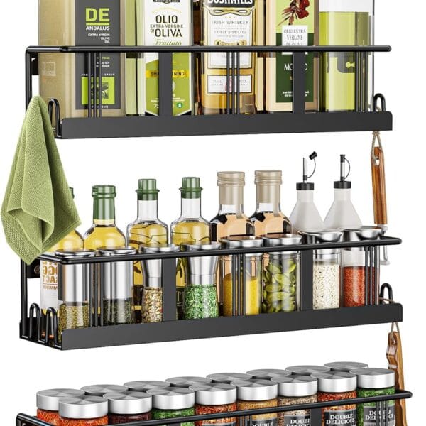 Spice Rack Wall Mounted 3 Pack, Space-Saving Spice Organizer for Spice Jars and Seasonings,Screw or Adhesive Hanging Spice Rack Organizer for Your Kitchen Cabinet,or Pantry Door