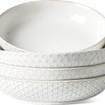 LE TAUCI Pasta Bowls 42oz, Large Salad Bowl, Ceramic Embossment Stoneware Serving Plate for Fruits, Noodle, Dinner, House-warming Wedding Present - 9 Inch, Set of 4, Arctic White