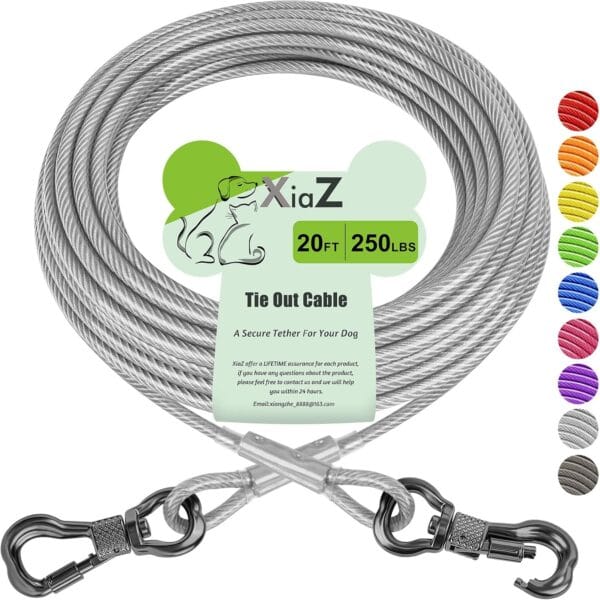 XiaZ Dog Tie Out Cable 20ft, Heavy Duty Dog Chains for Outside with Lockable Hook, Pet Runner Cable Leads for Yard, Dogs Line Tether for Small Medium Large Dogs Up to 250 LBS