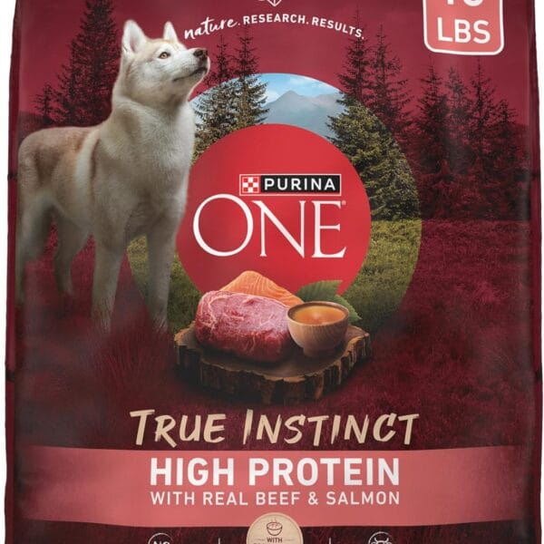 Purina ONE Natural High Protein Dry Dog Food Dry True Instinct with Real Beef and Salmon With Bone Broth and Added Vitamins, Minerals and Nutrients - 15 lb. Bag