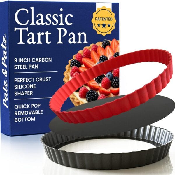 Patz&Patz Classic Tart Pan 9 Inch Removable Bottom with Patented Silicone Crust Shaper | Nonstick Carbon Steel Quiche Baking Dish, Fruit Tart Molds for Baking, Quiche Pan & Pie Mold - PFOA & PTFE-Free