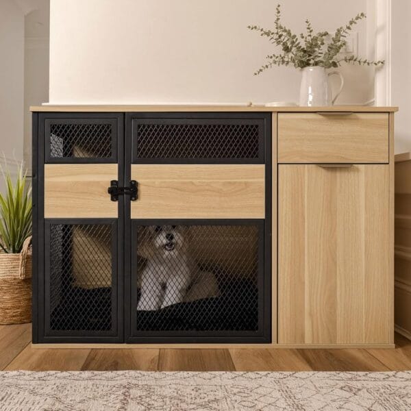Dog Crate Furniture with Sleek Black Metal Gate, Enhanced Airflow and Visibility - Lucky Kennels,Elegant Upgrade for Living Spaces (Light) for Large Medium Dog.