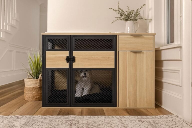 Dog Crate Furniture with Sleek Black Metal Gate, Enhanced Airflow and Visibility - Lucky Kennels,Elegant Upgrade for Living Spaces (Light) for Large Medium Dog.