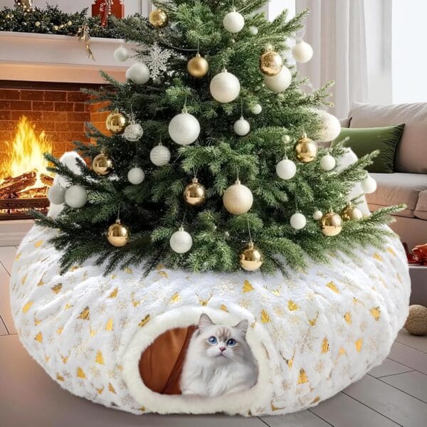 Cat Tunnel Christmas Tree Skirt, Cat Tunnel Bed with Hanging Toy Ball, Foldable Plush Cats Cave Donut Tunnel Christmas Decorations, Kitty Tunnel for Indoor Kitten Rabbit Puppy, White Gilded