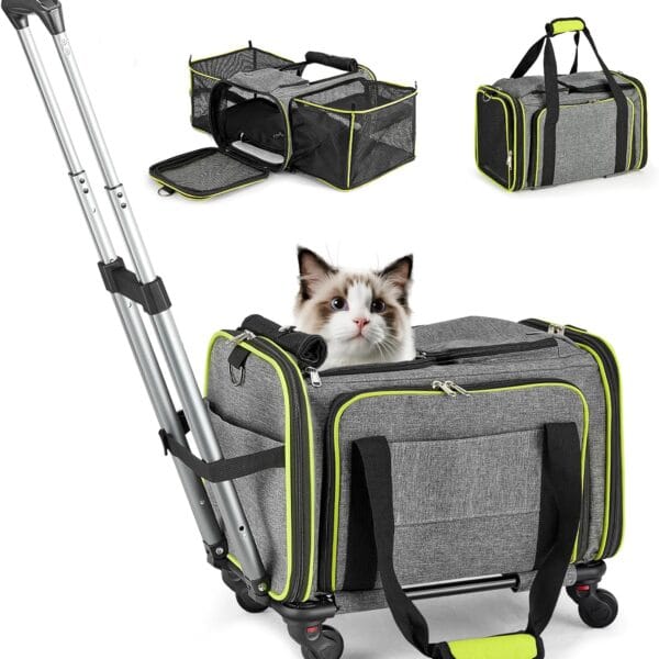 Pet Carrier with Wheels for Cat and Small Dog, Expandable Airline Approved Pet Carrier for Animal Under 15 lbs, Rolling Cats Puppy Carriers Travel Bag for Traveling and Camping