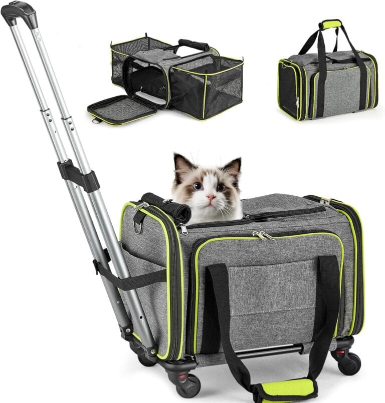 Pet Carrier with Wheels for Cat and Small Dog, Expandable Airline Approved Pet Carrier for Animal Under 15 lbs, Rolling Cats Puppy Carriers Travel Bag for Traveling and Camping