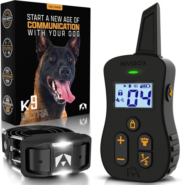 INVIROX Dog Shock Collar [Ultra K9] 124 Training Levels, 4 Powerful Modes with Night-Light and  Mile Range 100% Safe Dog Training Collar for Large Dogs IP67 Waterproof (Black)