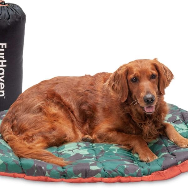 Furhaven Outdoor Travel Dog Bed for Large/Medium Dogs w/ Carry Bag, Washable & Foldable, Great for Crates & Kennels - Trail Pup Travel Pillow Mat w/ Stuff Sack Bag - Paprika/Camo-Paw, Large