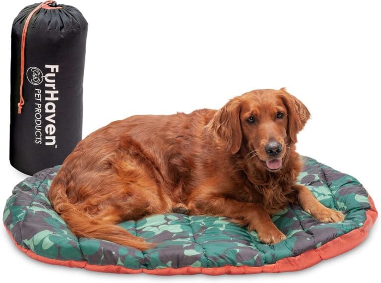 Furhaven Outdoor Travel Dog Bed for Large/Medium Dogs w/ Carry Bag, Washable & Foldable, Great for Crates & Kennels - Trail Pup Travel Pillow Mat w/ Stuff Sack Bag - Paprika/Camo-Paw, Large