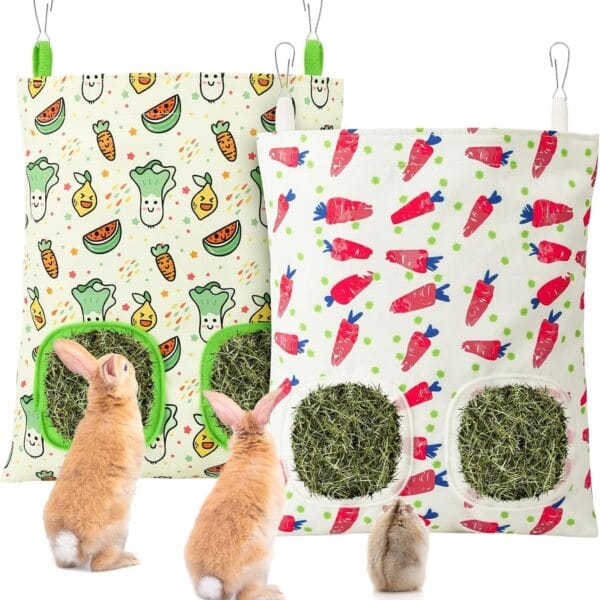 UPINS 2 Pack Guinea Pig Hay Feeder,Rabbit Hay Bag Hanging Hay Holder for Guinea Pig Cage Hay Feeder for Bunny Rabbits Chinchillas Hamsters Small Pets and Animals