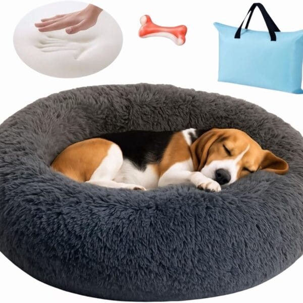 Pet Bed, Memory Foam Donut Dog Bed, Calming Round Dog Bed for Small Pets, Comfortable and Supportive Design, Orthopedic Ultra-Soft Plush, Anti-Stress Bed for Dogs and Cats (Grey)