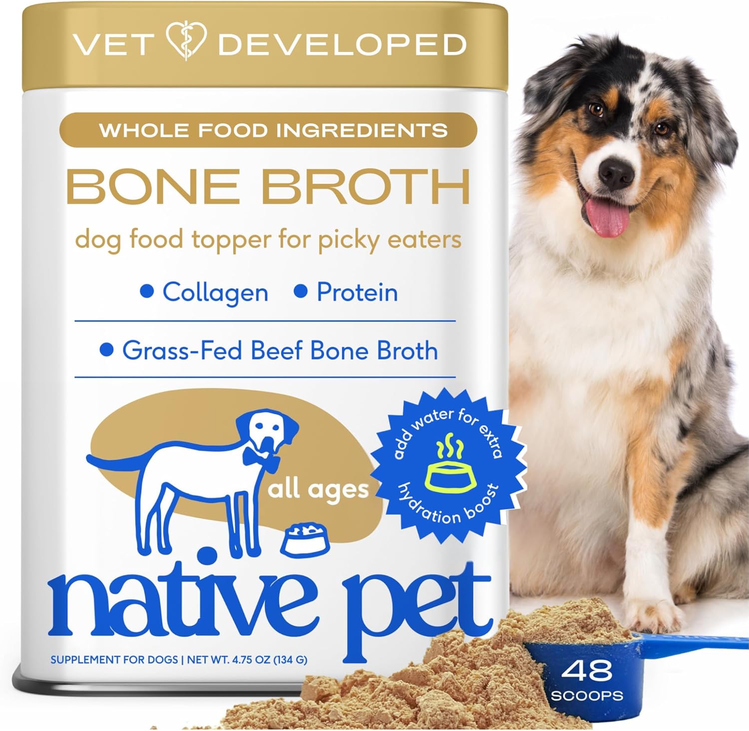 Native Pet Bone Broth For Dogs Made With Real Beef Bone Broth, Dog Food Toppers For Picky Eaters Provides Extra Hydration & Nutrition For Joint Strength, Immunity & Heart Health 48 Scoops Native Pet Bone Broth for Dogs - Made with Real Beef Bone Broth, Dog Food Toppers for Picky Eaters - Provides Extra Hydration & Nutrition for Joint Strength, Immunity & Heart Health-48 Scoops