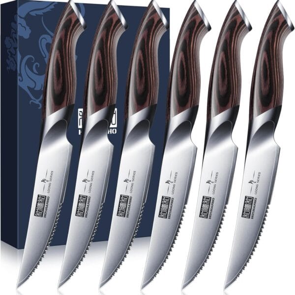 Steak Knives Set of 6, Ultra Sharp 4.5 Inch Serrated Steak Knife Set, Japanese High Carbon Steel Kitchen Steak Knives with Ergonomic Handle