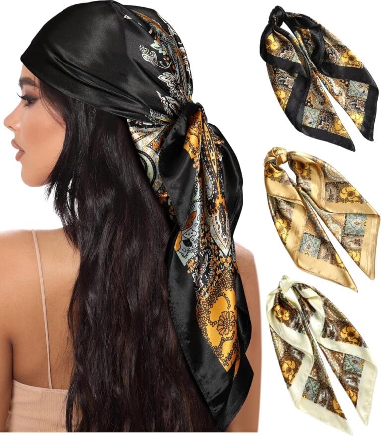 AWAYTR 35 Large Square Satin Head Scarf - 3Pcs Satin Hair Scarves Silk Bandana Scarf Headscarf Silk Feeling Scarf for Women