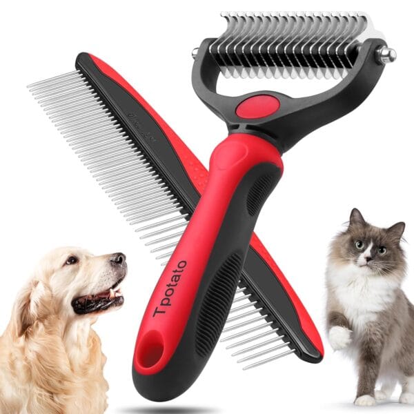 Tpotato Deshedding Dog Brush for Long Haired Dogs Cats,Undercoat Shedding Rake for Dematting Detangling Tangles Matted Fur and Knots,Free Pet Comb,Professional Pet Grooming Supplies Tool Kit,Red