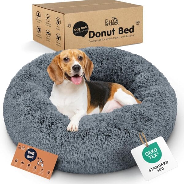 Donut Dog Bed - Premium Comfort for Anxiety Relief - Fluffy & Calming Design with Ultra-Plush Support | Cozy Round Dog Bed with Super Soft Circle Style (Size M Dark Grey)
