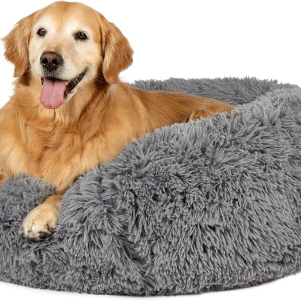 Furhaven 36" Round Calming Donut Dog Bed for Large/Medium Dogs, Refillable w/ Removable Washable Cover, For Dogs Up to 75 lbs - Shaggy Plush Long Faux Fur Donut Bed - Gray, Large
