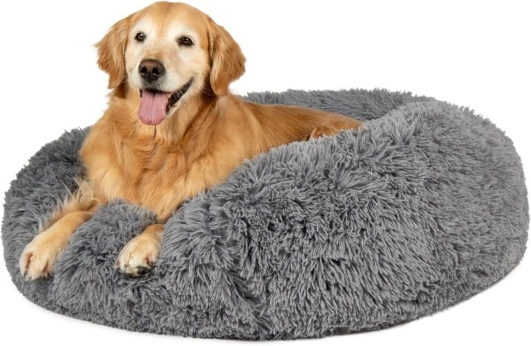 Furhaven 36" Round Calming Donut Dog Bed for Large/Medium Dogs, Refillable w/ Removable Washable Cover, For Dogs Up to 75 lbs - Shaggy Plush Long Faux Fur Donut Bed - Gray, Large