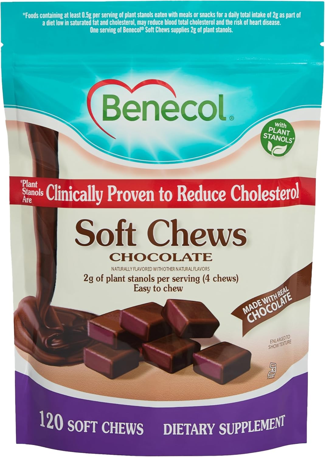 Benecol Soft Chews Made With Clinically Proven Cholesterol Lowering Plant Stanols Cholesterol Management Supplement (120 Chocolate Chews) Benecol Soft Chews - Made with Clinically Proven Cholesterol-Lowering Plant Stanols - Cholesterol Management Supplement (120 Chocolate Chews)