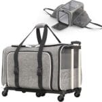 Katziela Rolling Rover Airline Compliant Expandable Premium Pet Carrier 6-Wheeled Baseboard Telescopic Handle Two-Sided Expandable Rolling Carrier Designed (Gray- White Piping)