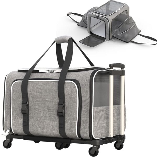 Katziela Rolling Rover Airline Compliant Expandable Premium Pet Carrier 6-Wheeled Baseboard Telescopic Handle Two-Sided Expandable Rolling Carrier Designed (Gray- White Piping)