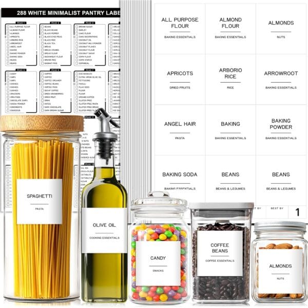 288 Pantry Labels for Food Containers, Preprinted Minimalist Waterproof Stickers for Organizing Storage Bins, Jars and Kitchen