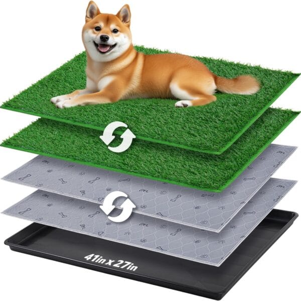 Dog Grass Pad with Tray - 41''x27'' Portable Dog Litter Box with 2 Pack Hemmed Edge Artificial Grass + 2 Washable Reusable Pee Pads, Indoor Outdoor Fake Grass Pad for Dogs Potty