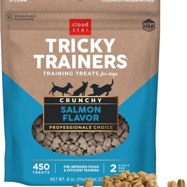 Cloud Star Tricky Trainers Crunchy Dog Training Treats 8 oz. Bag, Salmon Flavor, Low Calorie Behavior Aid with 450 treats