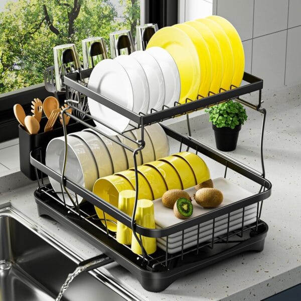 Dish Drying Rack 2-Tier Dish Racks for Kitchen Counter, Adjustable Spout Auto-Draining Dish Rack, Large Capacity for Plates, Bowls, Cups, TablewareDish Drainer with Drainboard,Black