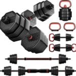 KeppiFitness Adjustable Dumbbell Set, 30/40/50/70/90 lb Weight Set with Connector Bar, 4 in 1 Workout Gear with Dumbbell, Kettlebell, Barbell, Push up Handle for Home Gym Fitness Exercise