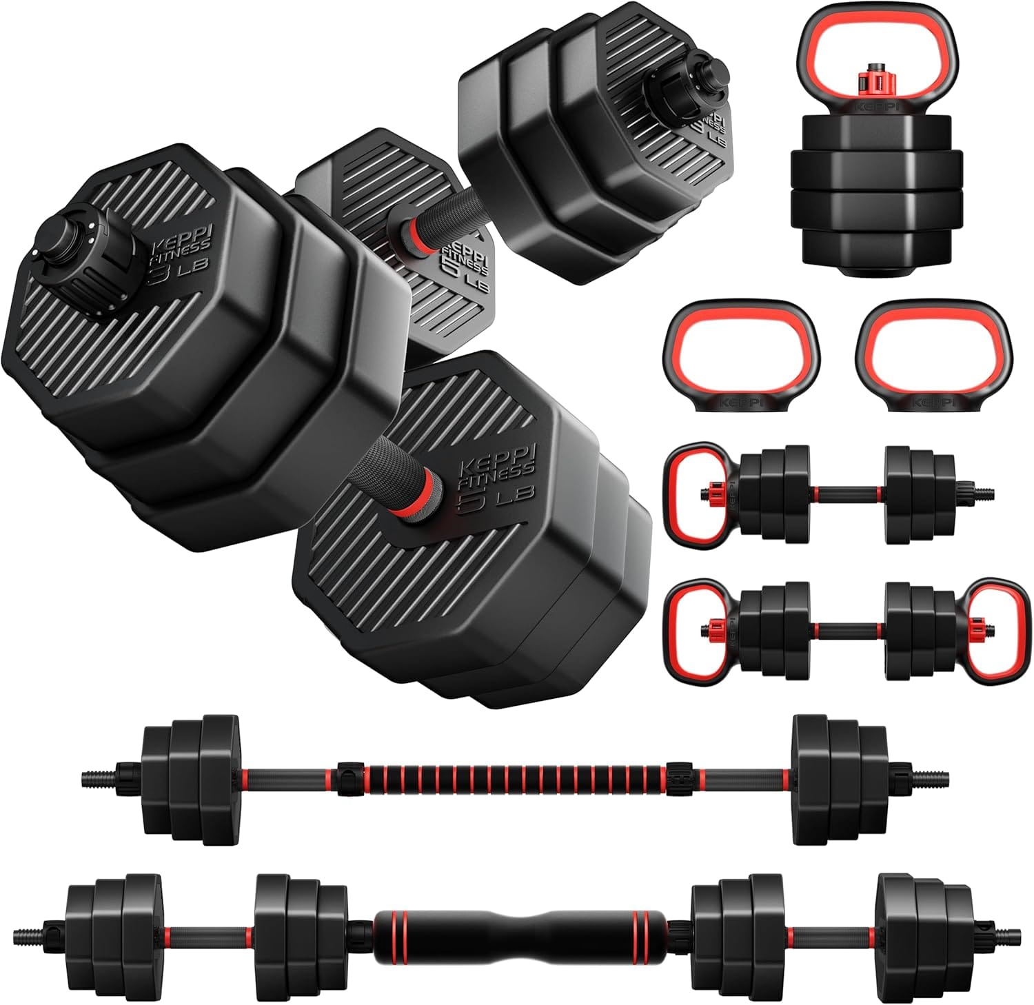 KeppiFitness Adjustable Dumbbell Set, 30/40/50/70/90 Lb Weight Set With Connector Bar, 4 In 1 Workout Gear With Dumbbell, Kettlebell, Barbell, Push Up Handle For Home Gym Fitness Exercise KeppiFitness Adjustable Dumbbell Set, 30/40/50/70/90 lb Weight Set with Connector Bar, 4 in 1 Workout Gear with Dumbbell, Kettlebell, Barbell, Push up Handle for Home Gym Fitness Exercise