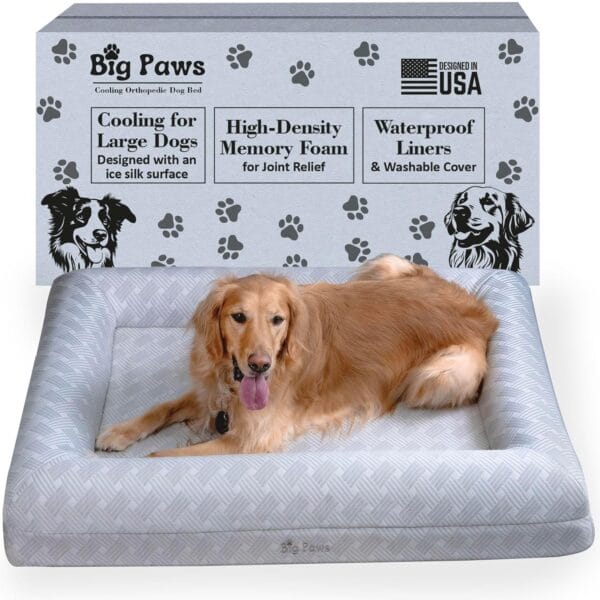 Big Paws Cooling Orthopedic Dog Bed for Large & Senior Dogs – High-Density Memory Foam, Waterproof Liners, Washable Cover, Non-Slip Base, Raised Bolsters – XL Mattress for Joint Relief