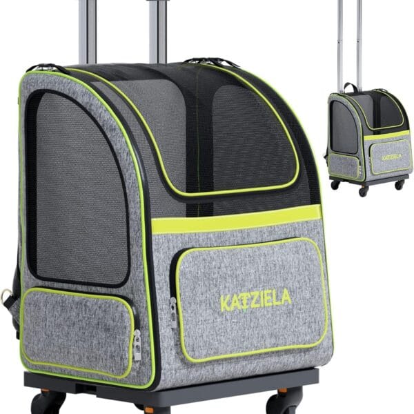 Katziela Wheeled Pet Carrier Backpack - Soft Sided, Airline Approved Hiking Carrying Bag for Small Dogs and Cats  Removable Rolling Wheels  Mesh Ventilation Windows, Storage Pockets (Green/Gray)