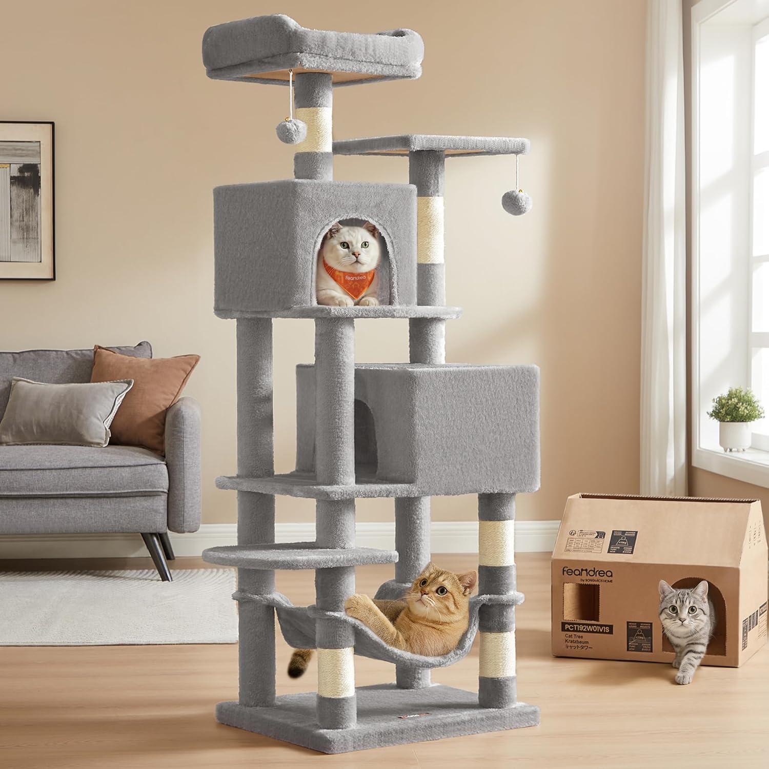 Feandrea Cat Tree, 61 Inch Cat Tower For Indoor Cats, Plush Multi Level Cat Condo With 5 Scratching Posts, 2 Perches, 2 Caves, Hammock, 2 Pompoms, Light Gray UPCT192W01 Feandrea Cat Tree, 61-Inch Cat Tower for Indoor Cats, Plush Multi-Level Cat Condo with 5 Scratching Posts, 2 Perches, 2 Caves, Hammock, 2 Pompoms, Light Gray UPCT192W01