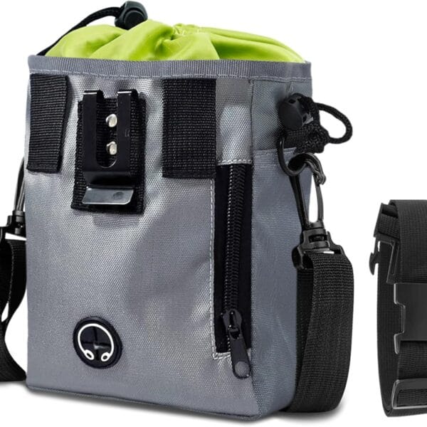 SunGrow Dog Travel Pouch, Training Bag for Treats, Kibbles, Toys & Accessories, Gray, Multiwear and Weather-Proof, 1 Pouch with Adjustable Shoulder Strap and Waist Belt