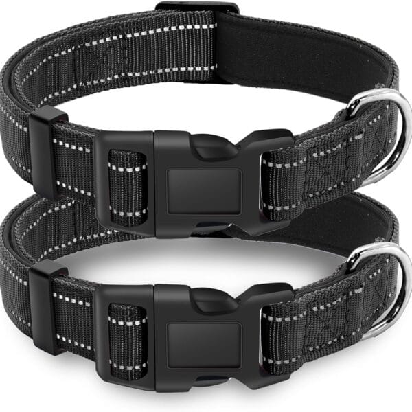 2 Pack Reflective Dog Collar with Safety Locking Buckle, Adjustable Soft Breathable Comfortable Nylon Pet Collar for Small, Medium and Large Dogs, Black, M