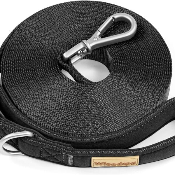 Wisedog 49FT Long Leash for Large Dogs, Heavy Duty Long Line Lead with Soft Padded Handle, Adjustable Lengths, Great for Training, Hiking, Camping, Black