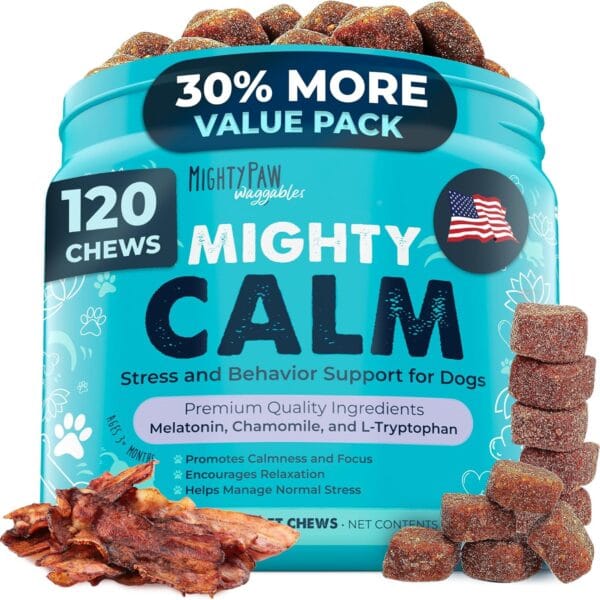 Mighty Paw Calming Chews for Dogs with Melatonin - Vet Formulated Dog Sleep Aid - Puppy & Large Pet Treats - Waggables Calm -Composure Calming Chews for Stress & Relaxation, 120 Count (Made in USA)