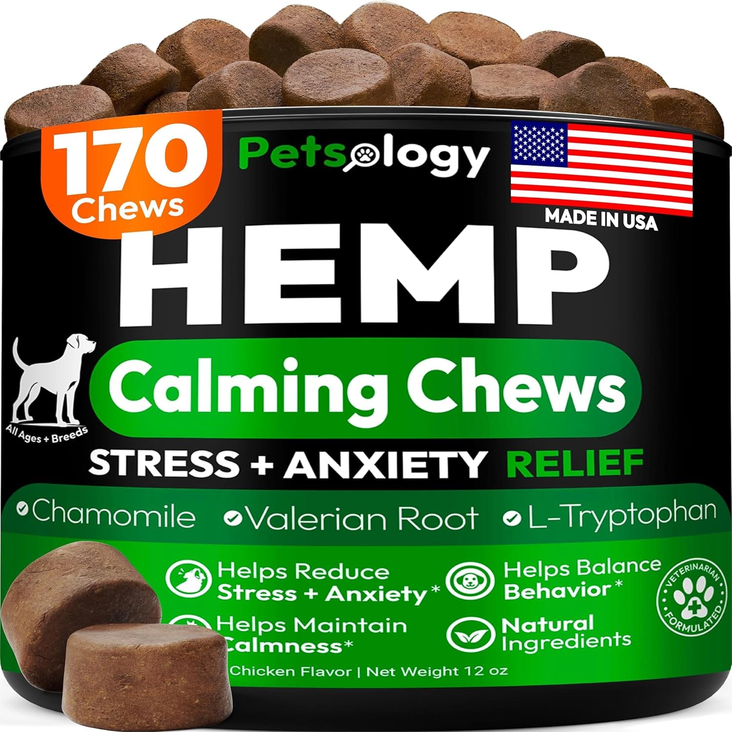 Hemp Calming Chews for Dogs - 170 Dog Calming Chews - Anxiety Relief Treats - Advanced Stress Relief Supplement, Separation Aid, Barking, Fireworks, Melatonin - Hip & Joint Support - Made in USA Hemp Calming Chews for Dogs - 170 Dog Calming Chews - Anxiety Relief Treats - Advanced Stress Relief Supplement, Separation Aid, Barking, Fireworks, Melatonin - Hip & Joint Support - Made in USA