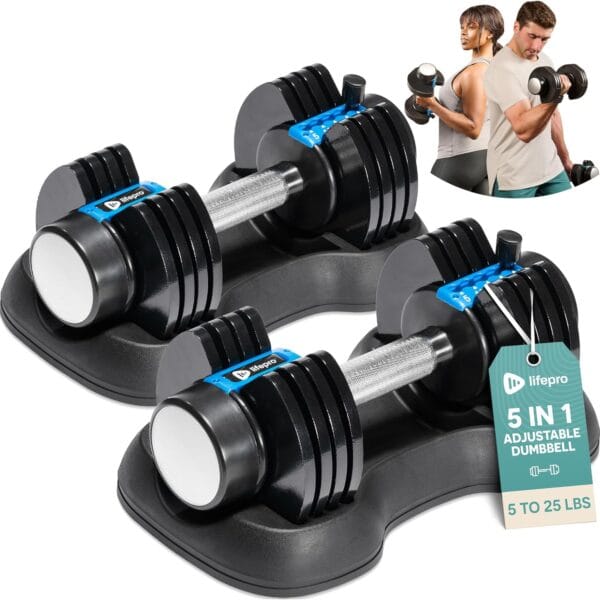 Lifepro Adjustable Dumbbells Set - 5in1-15lb 25lb 43lb 55lb weights Set & Single with Rack - Quick Adjust, Secure Grip - Compact Hand Weights for Men Women Home Gym