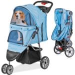 ZENY Foldable Pet Stroller, Cat/Dog Stroller with 3 Wheel, Pet Strolling Cart, Dog Travel Carrier with Storage Basket + Cup Holder (Blue)