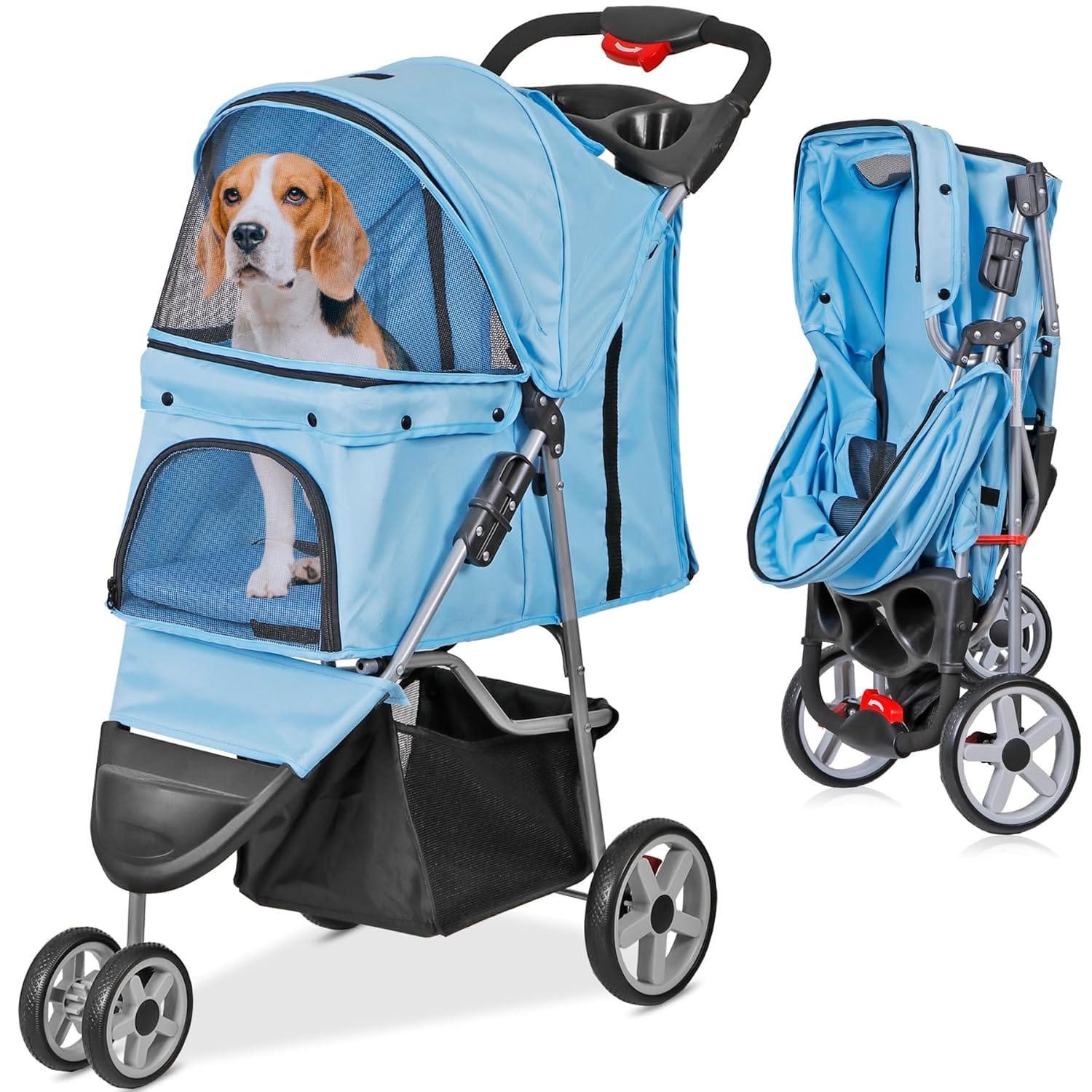 ZENY Foldable Pet Stroller, Cat/Dog Stroller with 3 Wheel, Pet Strolling Cart, Dog Travel Carrier with Storage Basket + Cup Holder (Blue) ZENY Foldable Pet Stroller, Cat/Dog Stroller with 3 Wheel, Pet Strolling Cart, Dog Travel Carrier with Storage Basket + Cup Holder (Blue)