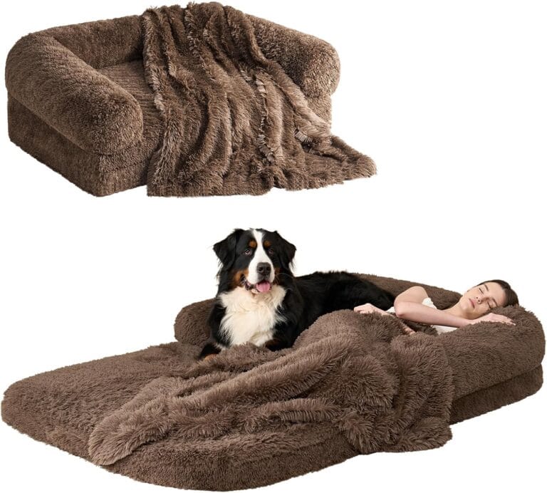 EHEYCIGA Foldable Human Dog Bed, 72"x44"x11" Orthopedic Memory Foam Human Sized Dog Bed, Waterproof Pet Bed for People, Faux Fur Pet Couch for Adult with Non-Slip Bottom, Brown