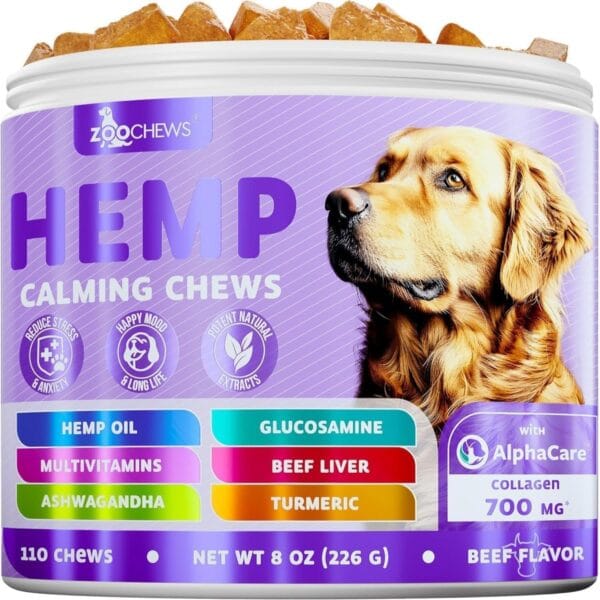 Natural Calming Dog Treats Calming Oil, Valerian Root, Turmeric, Ashwagandha for Good Behavior + Hip & Joint Health w/Glucosamine, Multivitamins, Collagen, Beef Liver - 110 Tasty Dog Chews