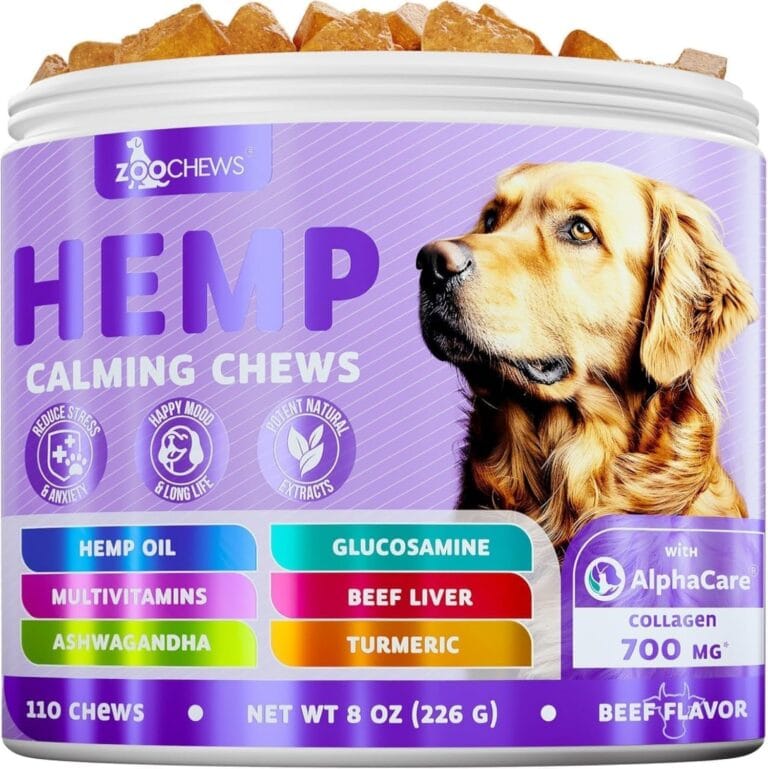 Natural Calming Dog Treats Calming Oil, Valerian Root, Turmeric, Ashwagandha for Good Behavior + Hip & Joint Health w/Glucosamine, Multivitamins, Collagen, Beef Liver - 110 Tasty Dog Chews