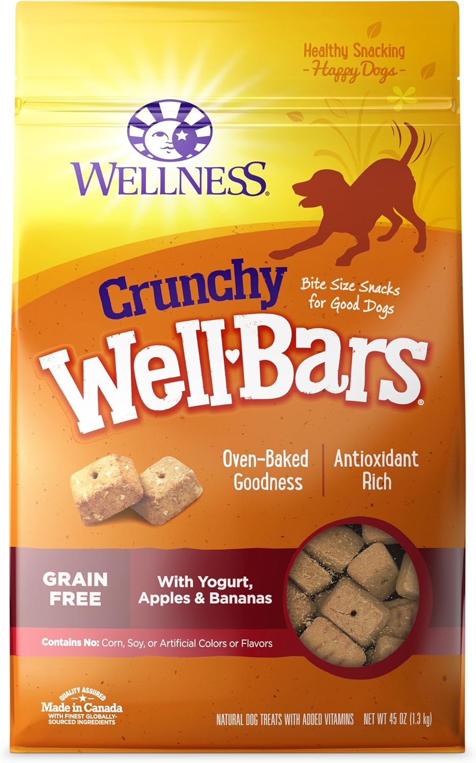 Wellness WellBars Dog Treats, Natural, Training Treat, Grain Free, Crunchy Yogurt, Apples & Banana (45 Ounce Bag) Wellness WellBars Dog Treats, Natural, Training Treat, Grain Free, Crunchy Yogurt, Apples & Banana (45 Ounce Bag)