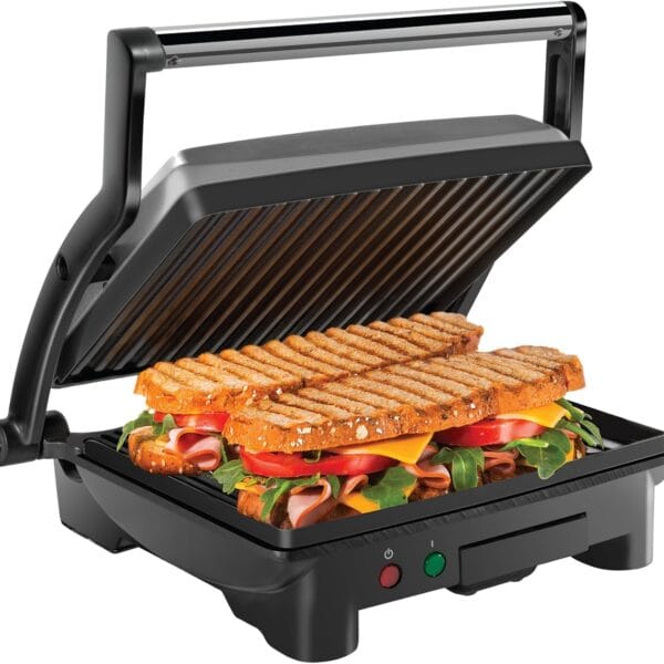 Chefman Panini Press Grill and Gourmet Sandwich Maker Non-Stick Coated Plates, Opens 180 Degrees to Fit Any Type or Size of Food, Stainless Steel Surface and Removable Drip Tray, 4 Slice, Black