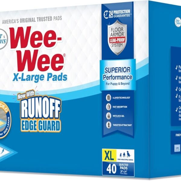 Four Paws Wee-Wee Superior Performance Pee Pads for Dogs with Runoff Barrier Edge Guard Protection, Puppy & Dog Potty Training Pads, Housebreaking Supplies, 28" x 34" (75 Count)