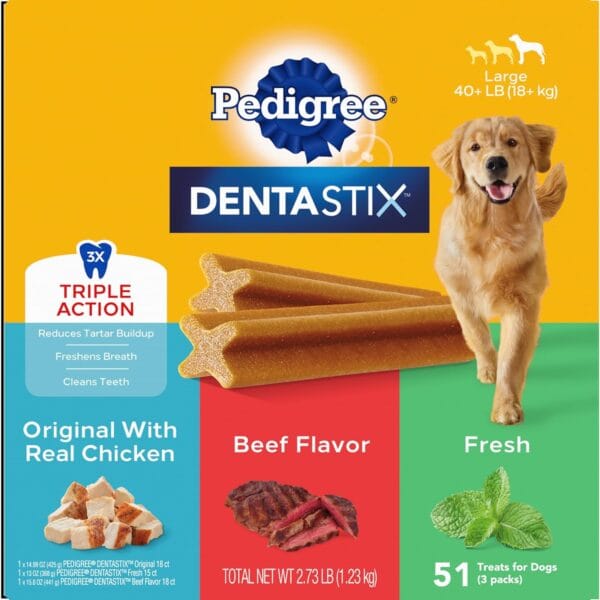 Pedigree Dentastix Large Breed Dog Treats, Original, Beef & Fresh Flavor, 2.73 lb. Variety Pack (51 Treats)