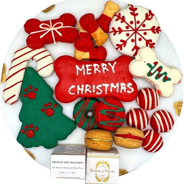 Bonne et Filou Christmas Dog Treats, Luxury Gourmet Gift Box, 18 Hand Designed Macarons, Truffles & Bone Cookies, Perfect Holiday Snack for Medium to Large Dogs
